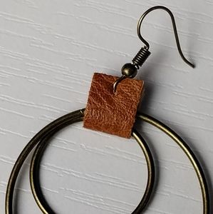 Vintage Style Distressed Leather Panel Hoop Earrings Gold Boho